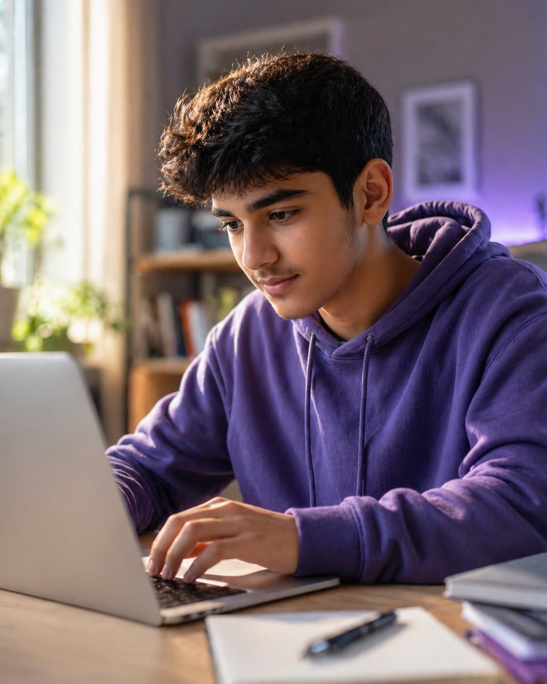 Focused teen studying on a laptop
